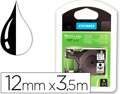 Cinta Dymo D1 12mm. x 3,5m. nylon blanco tinta negra